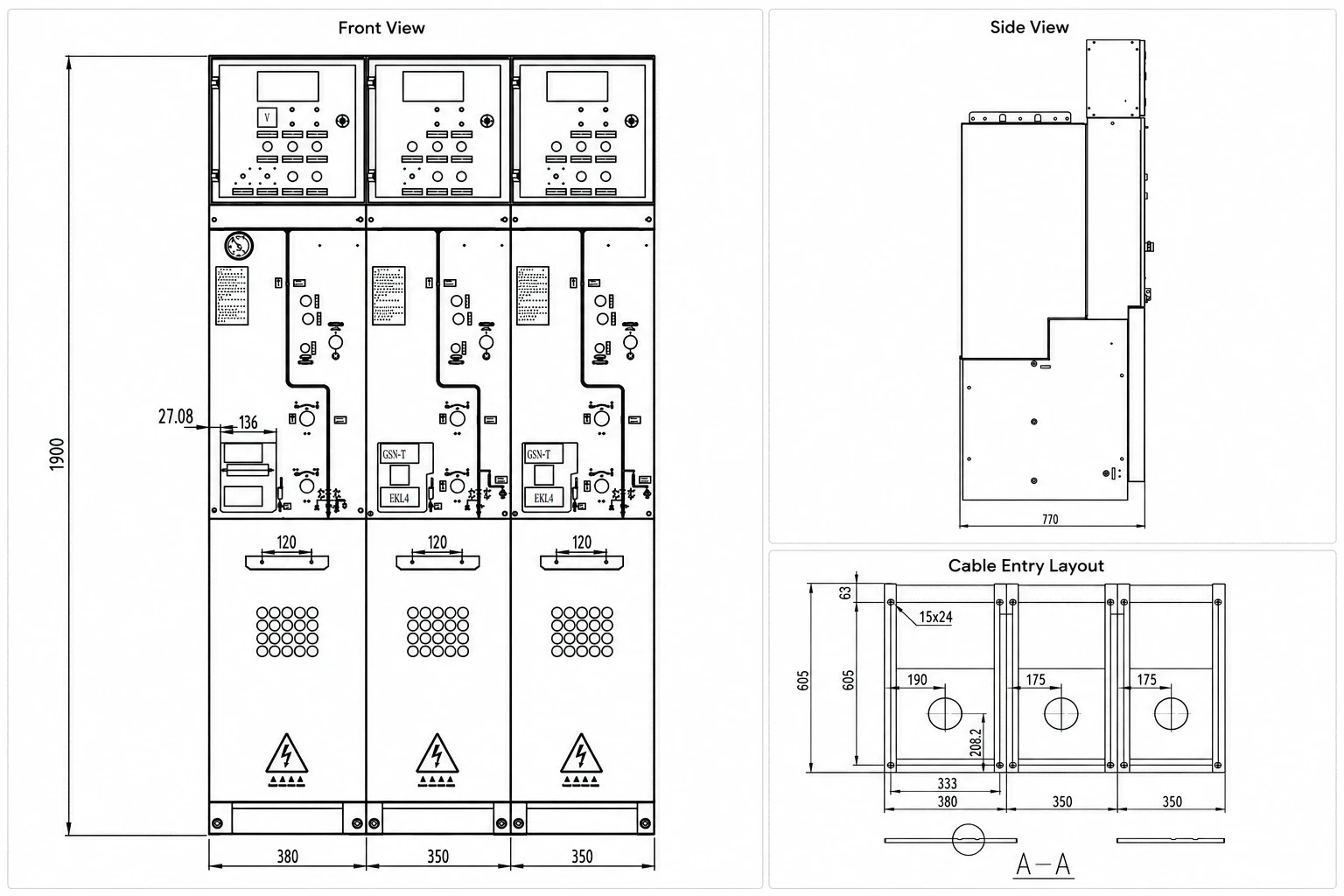 FY-12 11kV SF6 RMU front, side and cable entry dimension drawings FY-12 11kV SF6 RMU front, side and cable entry dimension drawings
